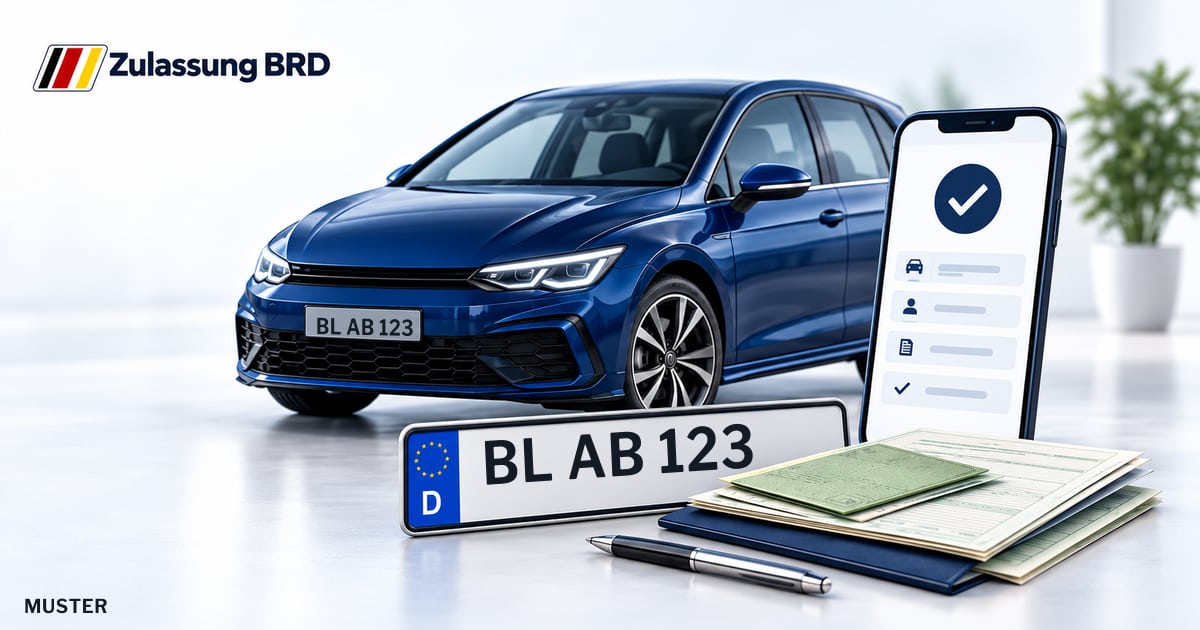 Online Fahrzeugzulassung in Albstadt/Ebingen: Musterkennzeichen BL AB 123, Auto und Fahrzeugpapiere und Smartphone. Illustration mit Logo von Zulassung BRD.